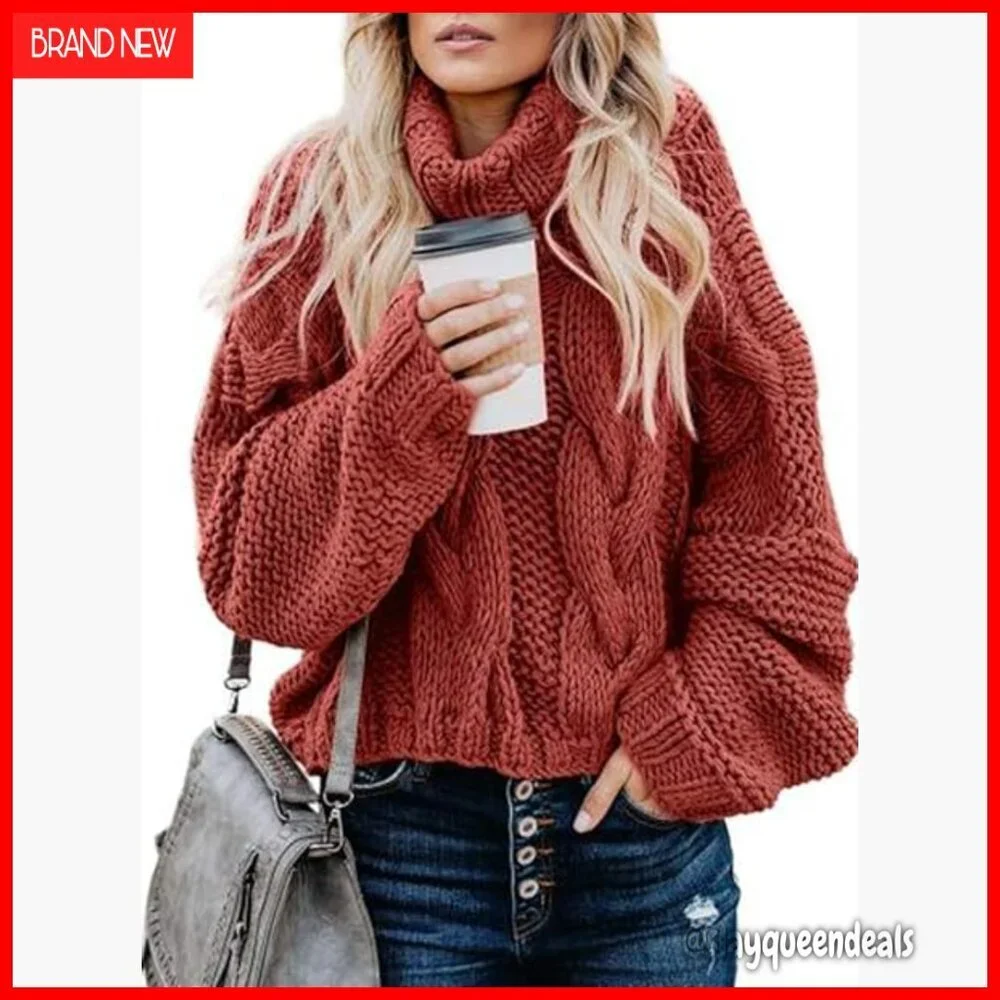 Chunky Cable Knit Turtleneck Pullover Sweater Oversized Fit Winter